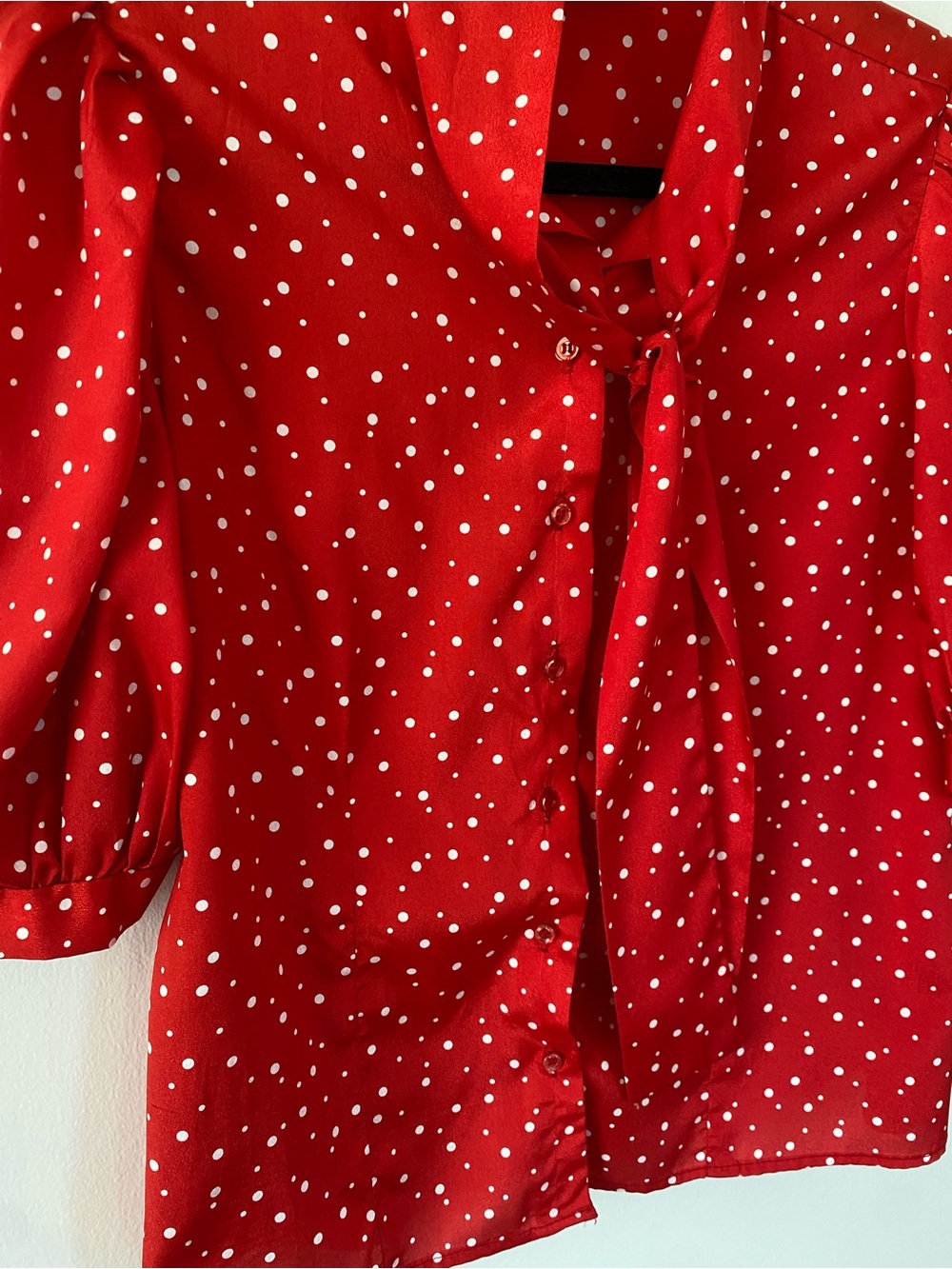 Red Polka Dot Retro Tie-Neck Blouse - Women's Top - size small - classic - Picture 2 of 6